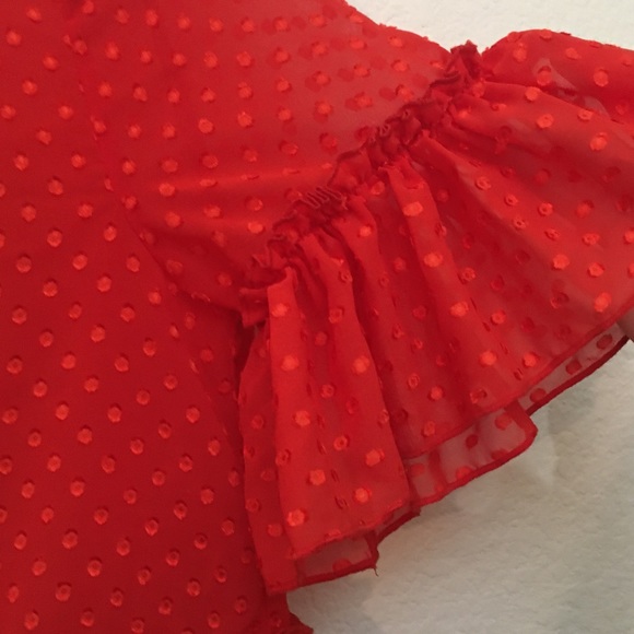 H&M Red Blouse Ruffle Swiss Polka Dot Sheer Lightweight Keyhole Top Sz 8 S M - Picture 6 of 9